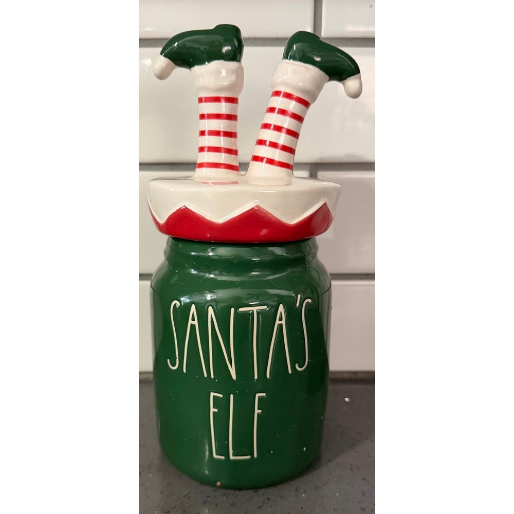 Rae Dunn Santa's Elf Christmas Jar‎ with Lid Green Red Elf Legs